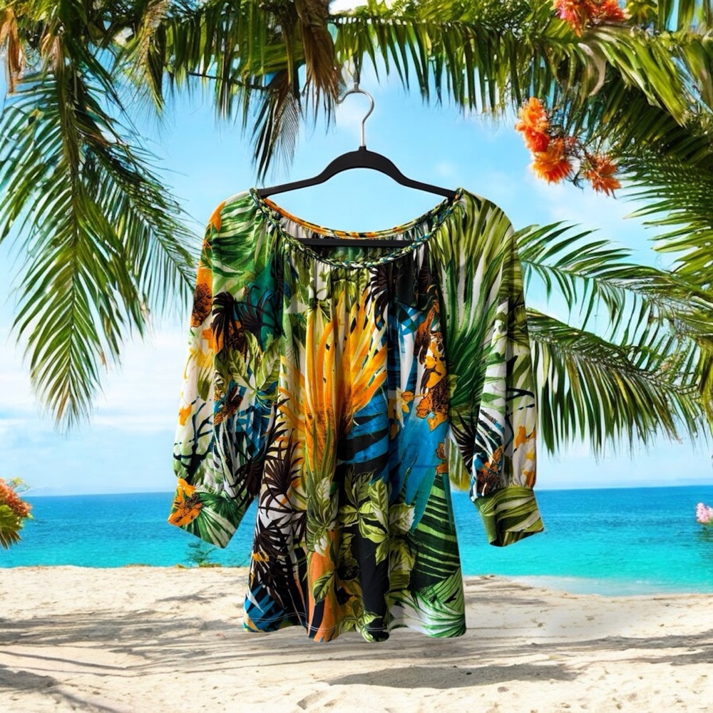 Green, Yellow & Blue Tropical Print Top